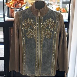 Vintage 80s Bob Mackie Full Zip Leather Sweater Cardigan Embroidered Jacket XS